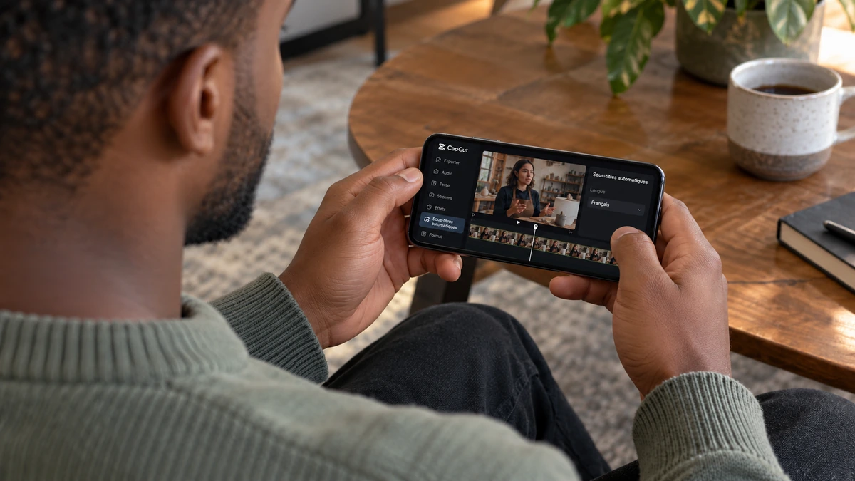 Une personne vérifie une vidéo et ses sous-titres sur un téléphone tenu horizontalement.