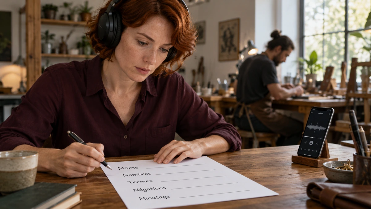 Une femme rousse vérifie une liste de mots près d’un téléphone et d’une forme d’onde.