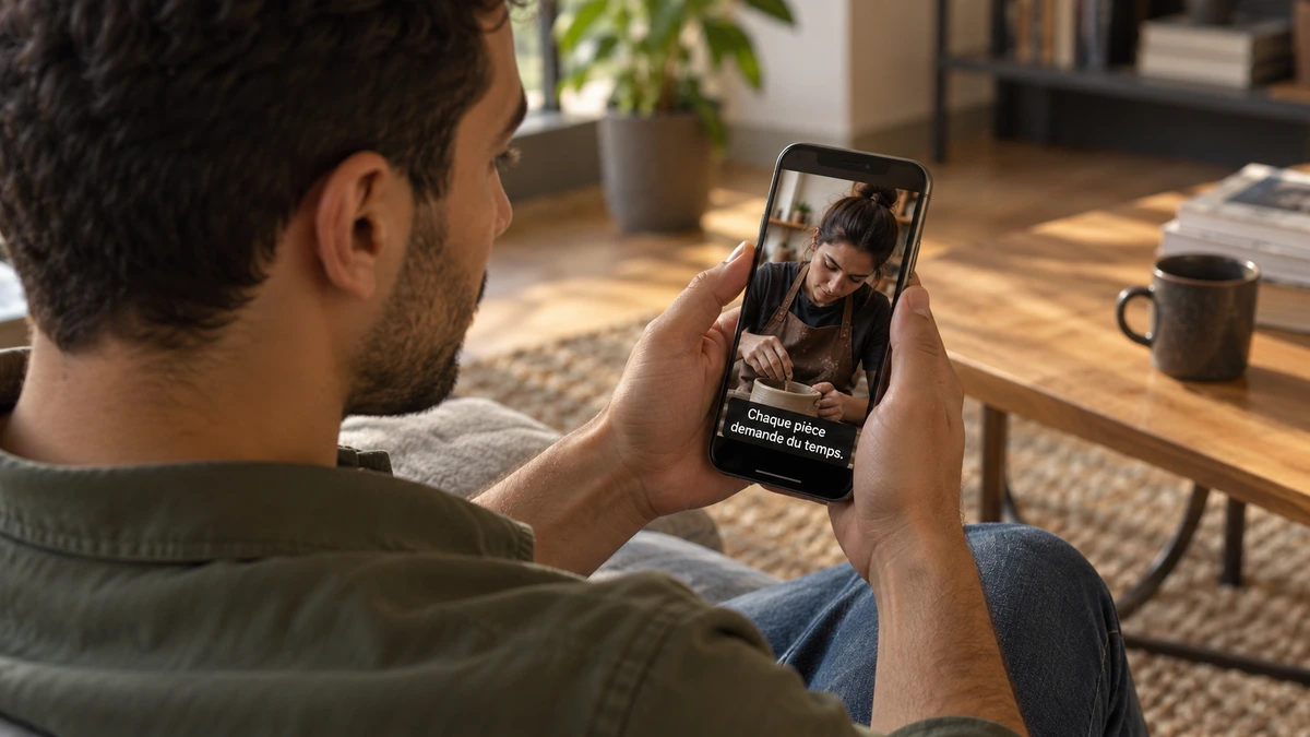 Une personne regarde sur téléphone une vidéo verticale sous-titrée.