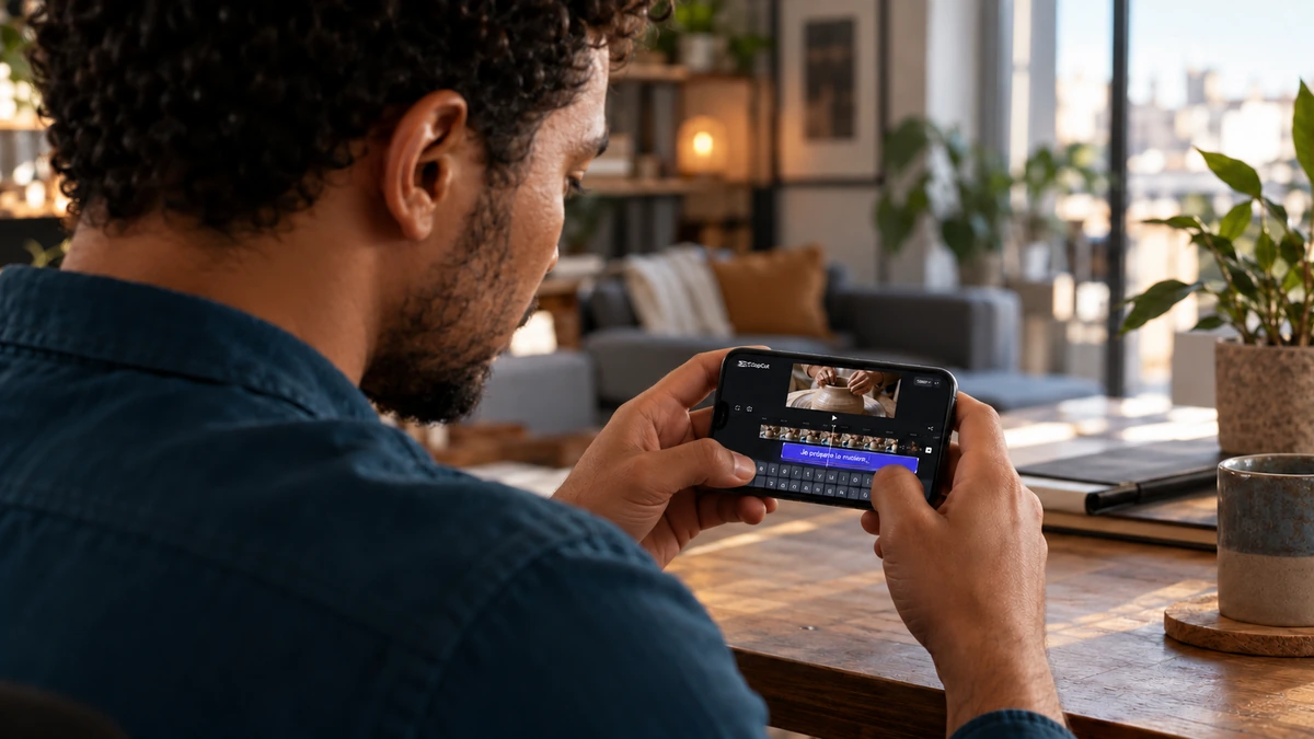 Un homme travaille sur une timeline de sous-titres affichée sur un téléphone.