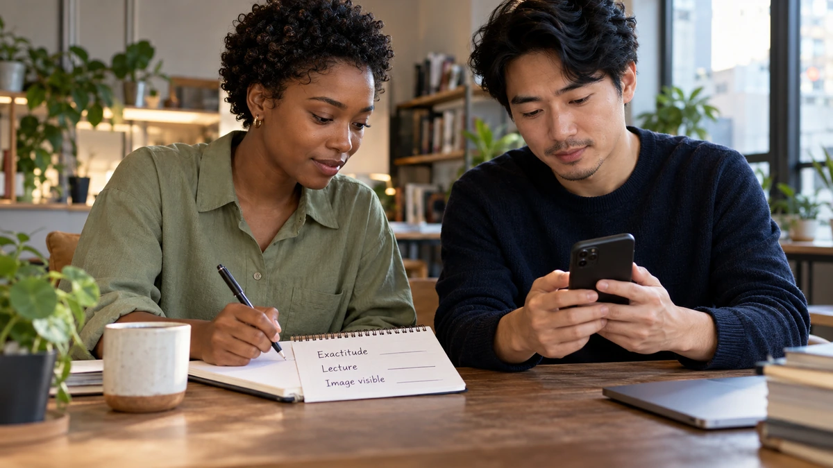 Deux personnes regardent un téléphone et relèvent des observations sur un carnet.