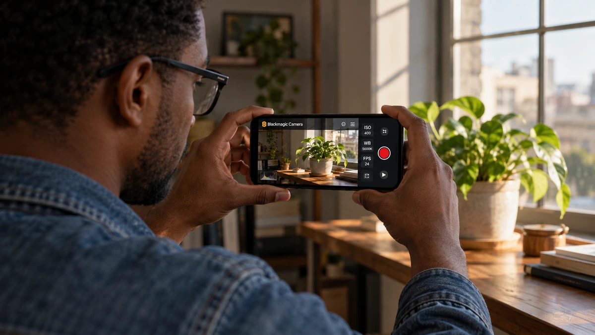 Un vidéaste vérifie le cadre d’une prise de vue sur son téléphone.