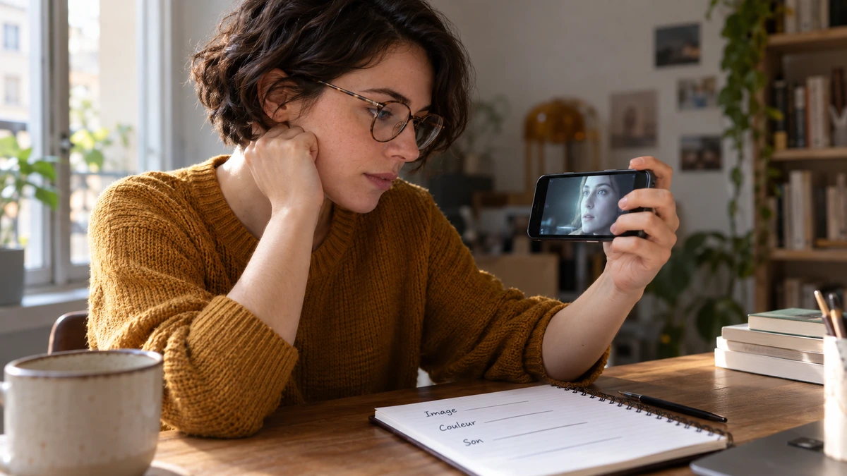 Une femme examine une vidéo sur son téléphone avec un carnet ouvert devant elle.