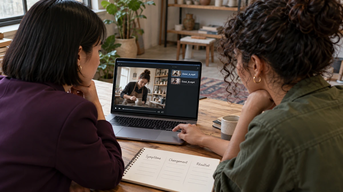 Deux femmes comparent un montage sur ordinateur et leurs notes.