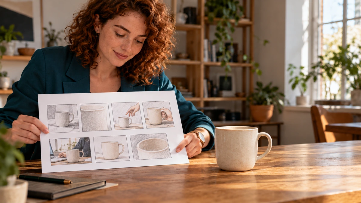 Une créatrice présente une planche de différentes vues d’une tasse.