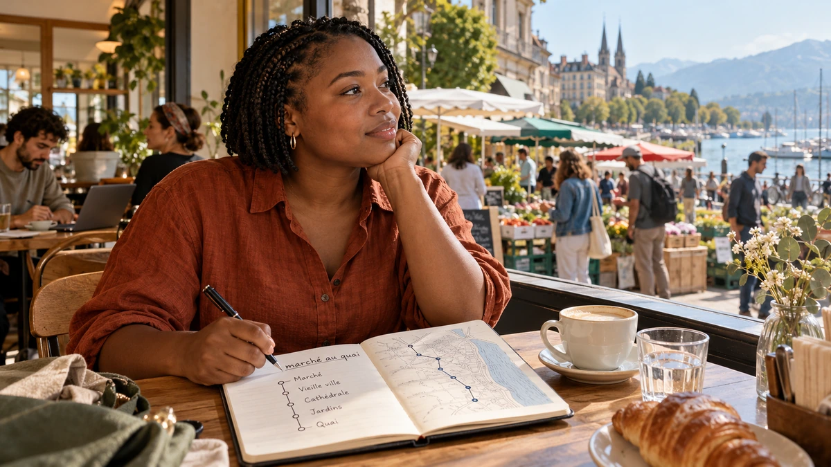 Une créatrice prend des notes pendant une promenade près d’un marché.