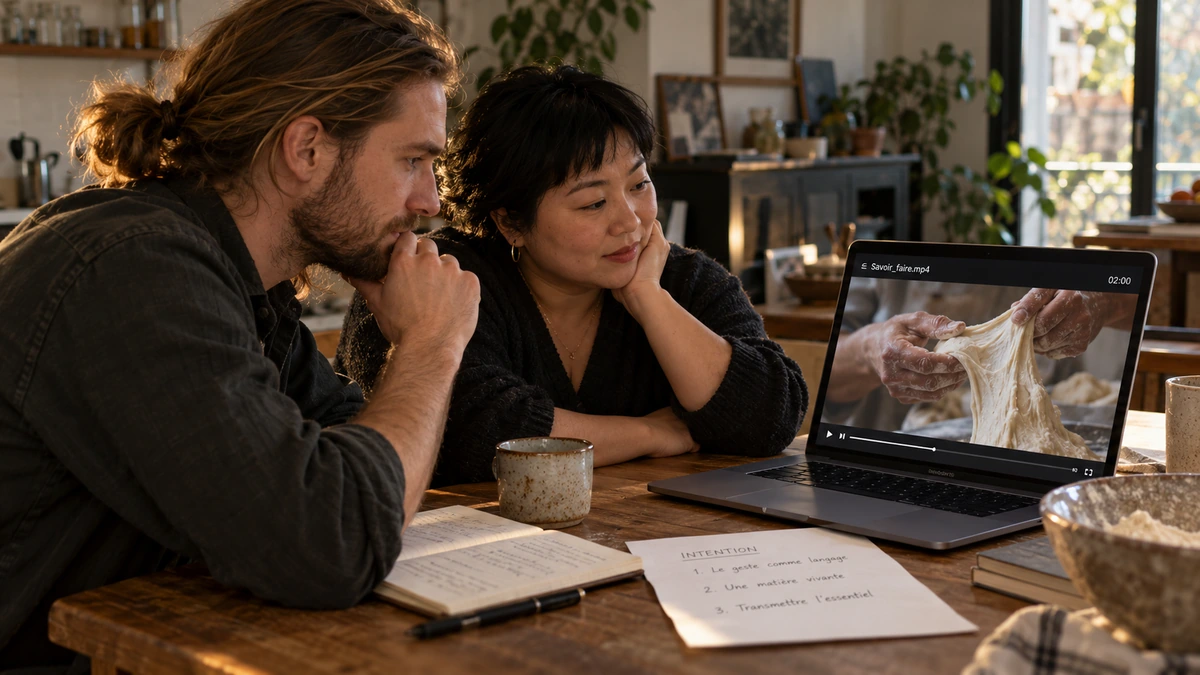 Deux personnes comparent un montage et leurs notes de documentaire.