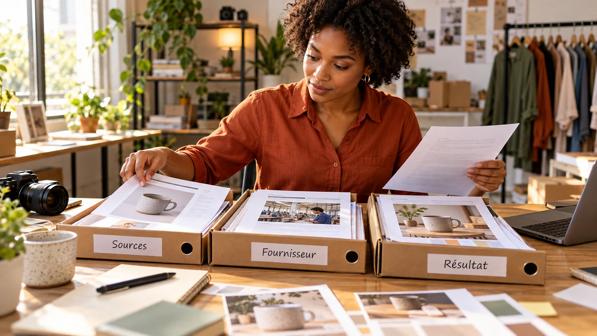 Une femme examine des documents répartis dans trois classeurs de sources, fournisseur et résultat.