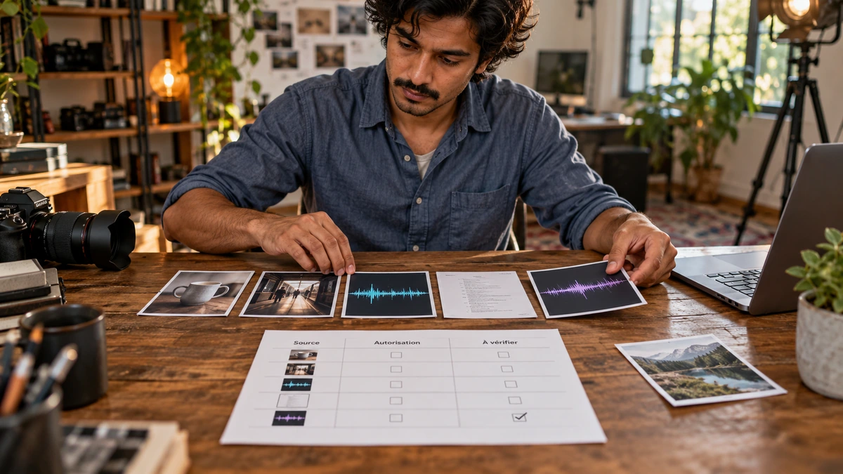 Un homme organise des références d’image et de son avec une fiche de suivi.
