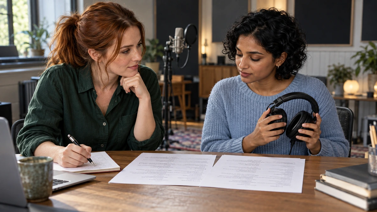 Deux professionnelles discutent d’un document près d’un casque audio et d’un micro.