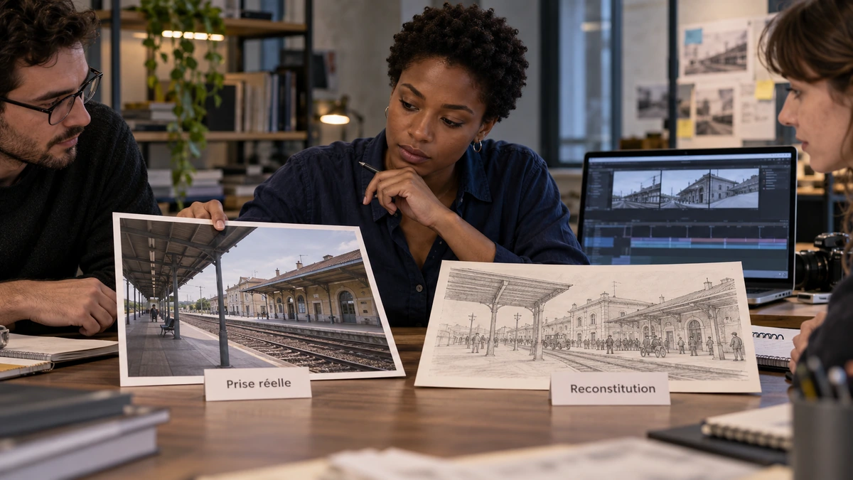 Deux personnes comparent une photographie de gare et un dessin de reconstitution.
