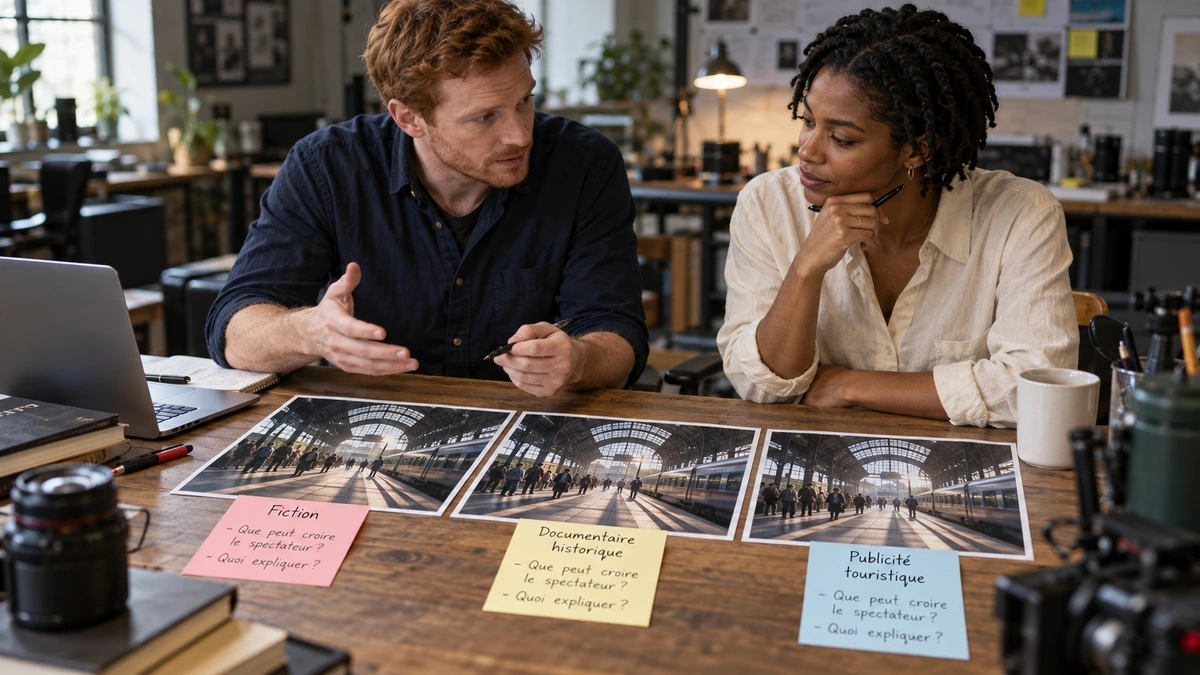 Deux personnes discutent de photographies et de notes sur la présentation d’un film.