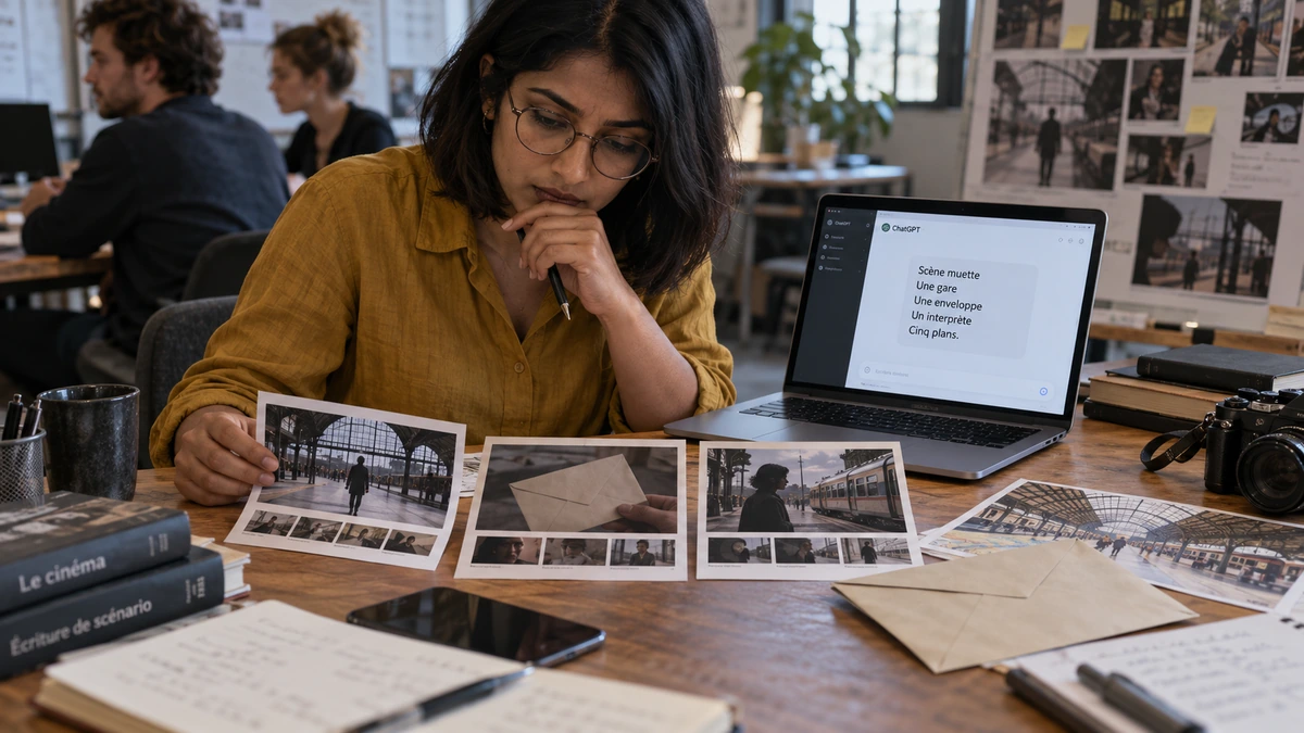 Une femme examine des photographies de plans près d’un ordinateur et de notes de scénario.