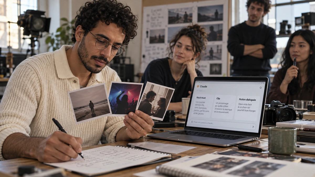 Un homme compare deux images et prend des notes devant un assistant d’écriture affiché à l’écran.