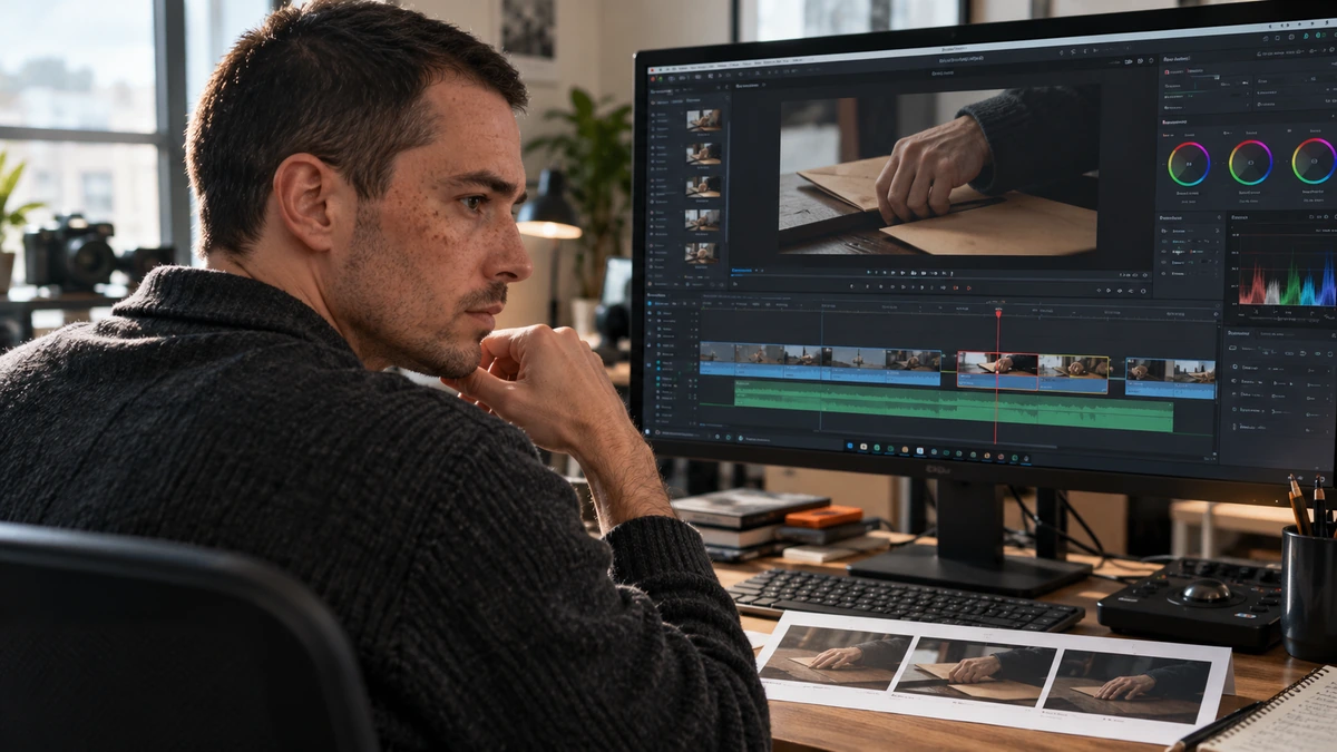 Un monteur assemble des cadres de storyboard et une séquence sur son écran.