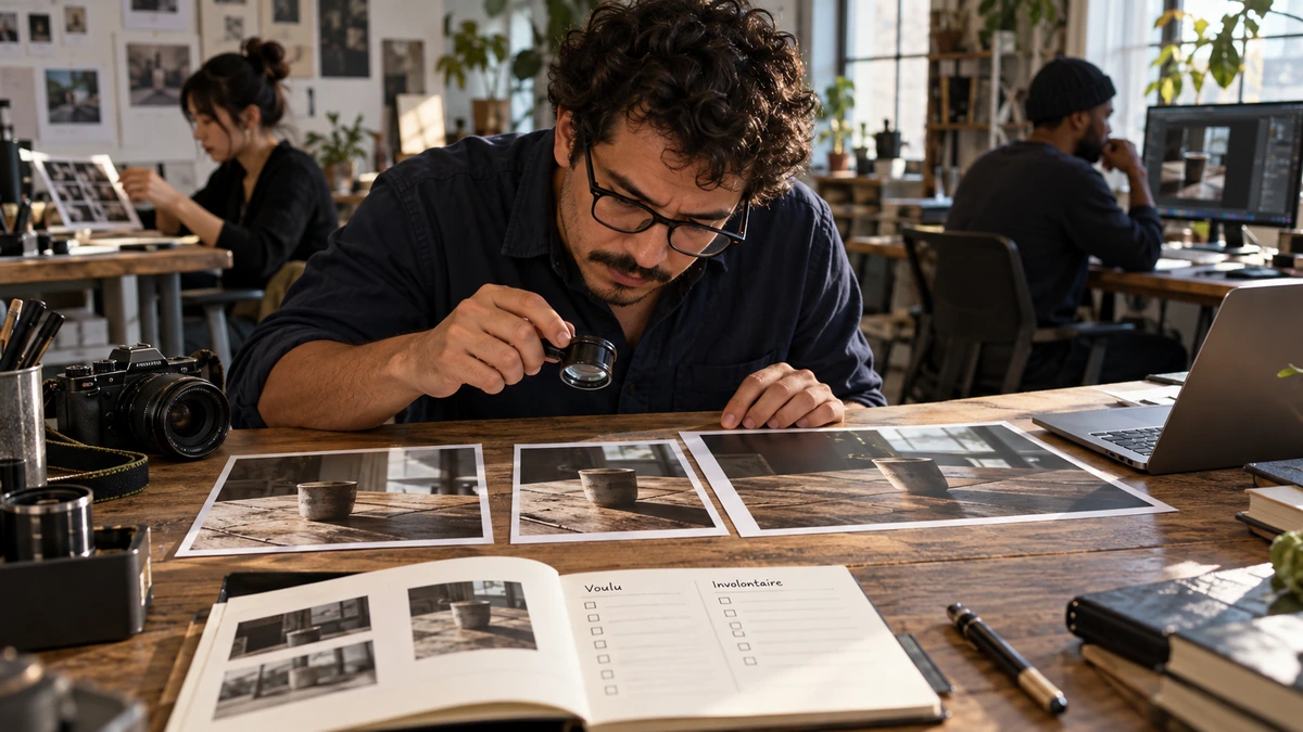 Un créateur examine les détails d’une image avec ses documents de comparaison.