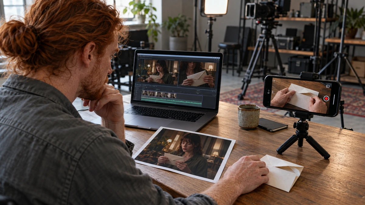 Un cinéaste compare des images fixes et une courte séquence vidéo sur ses écrans.