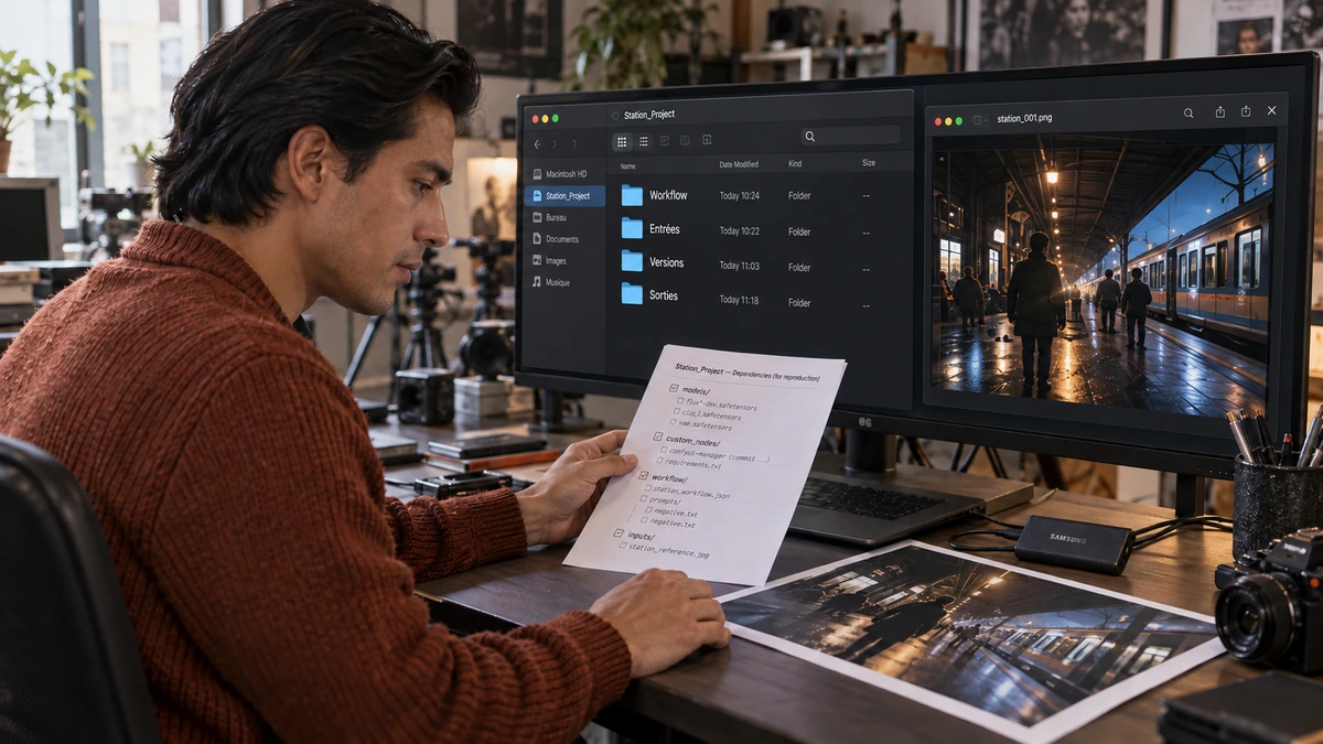 Un créateur examine une fiche de travail avec des fichiers et des images sur un écran.