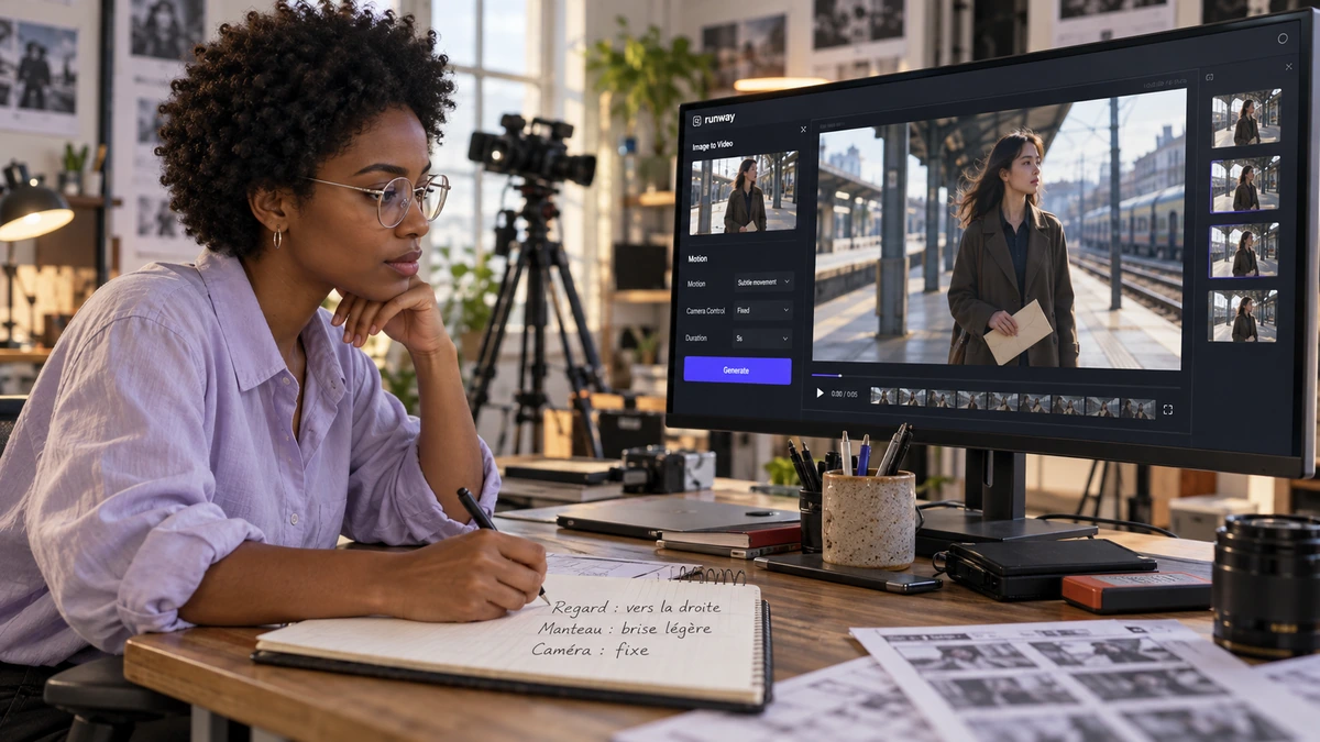 Une femme prépare une consigne de regard et de caméra près d’un écran de génération vidéo.