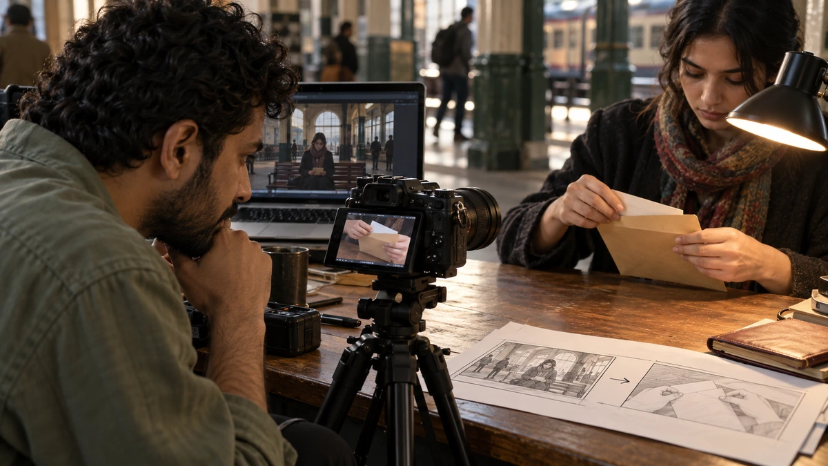 Un homme filme une femme tenant une enveloppe devant un storyboard.