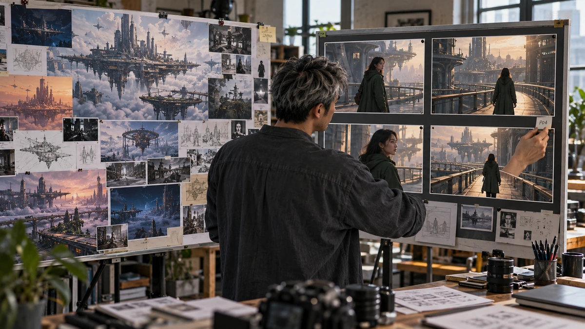 Un créateur étudie un mur de références de décors.