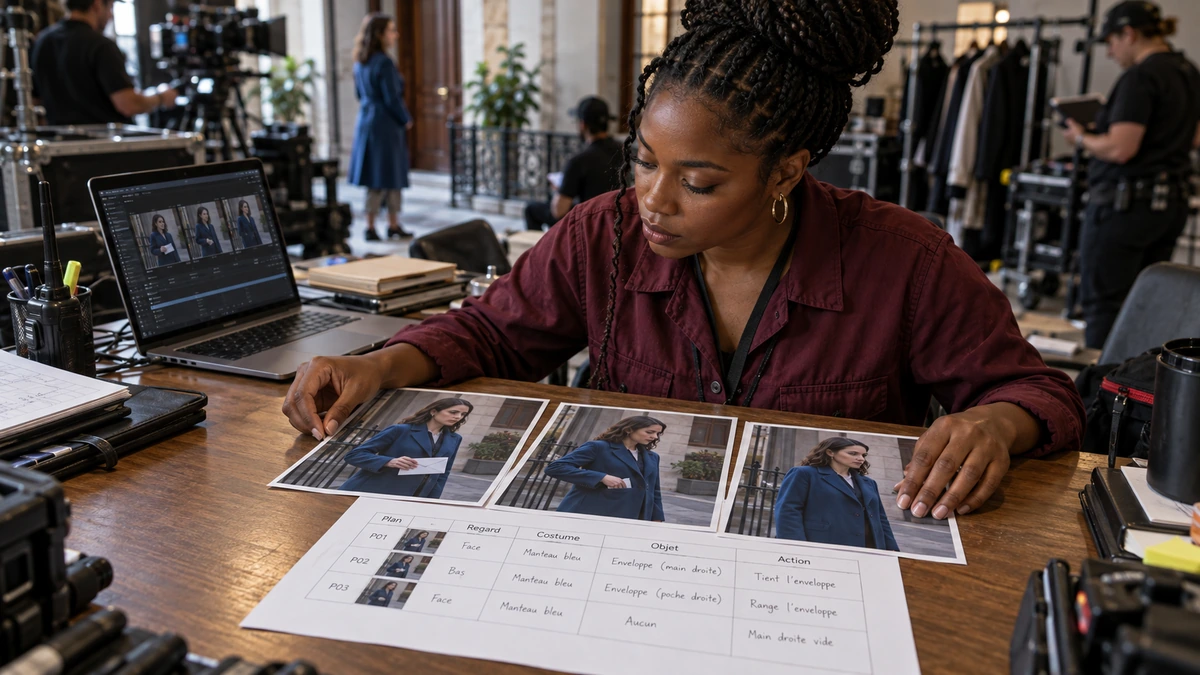 Une femme prépare une feuille de continuité avec trois images d’un personnage.