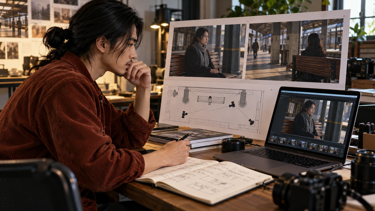 Un homme compare des vues de gare et un plan du décor.
