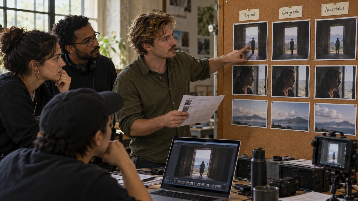 Un groupe classe des variantes photographiques sur un tableau.