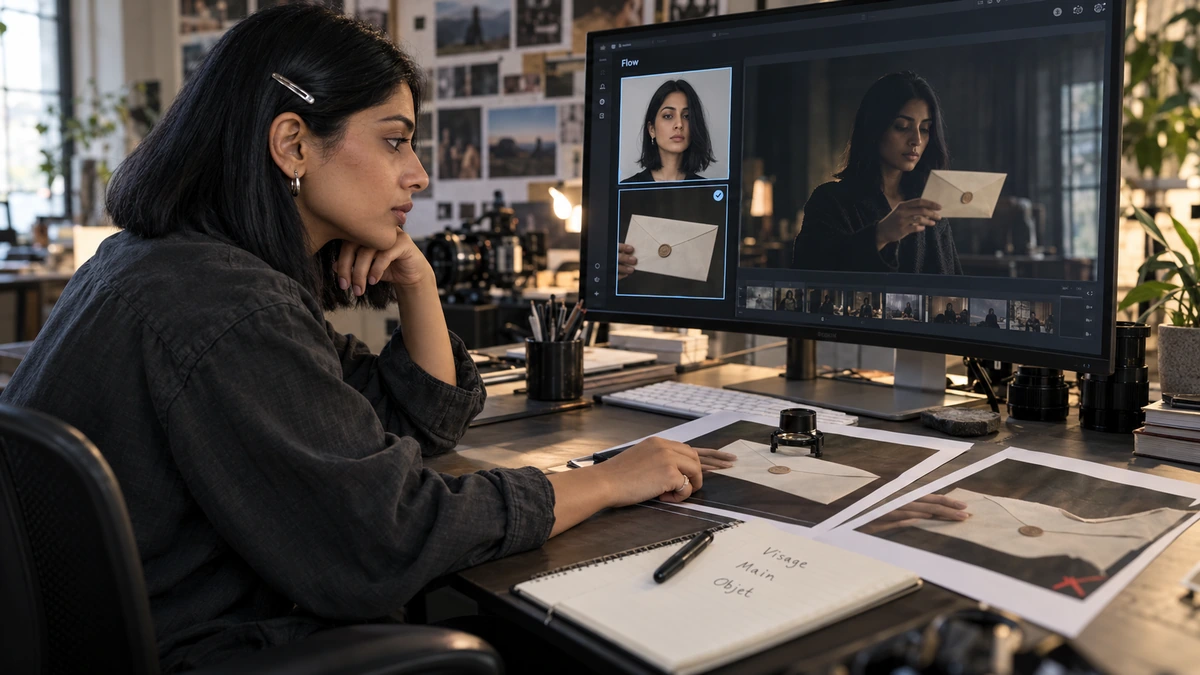 Une monteuse examine des portraits et des détails d’enveloppe sur son écran.