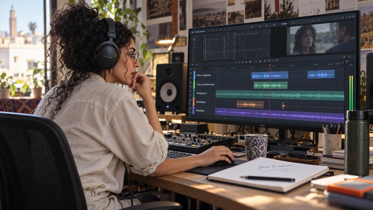 Une monteuse au casque ajuste les éléments audio de sa séquence.