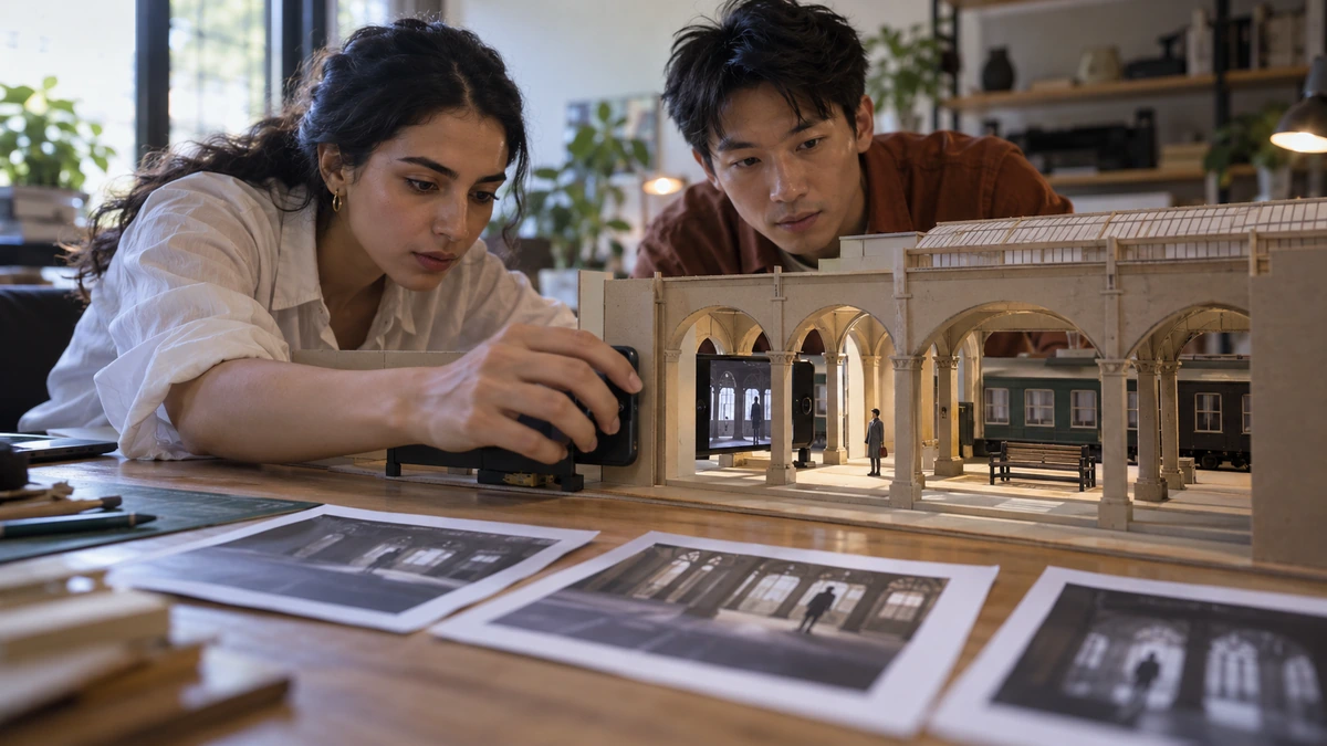 Deux cinéastes testent un mouvement dans une maquette de gare et le comparent à une version en trois plans.