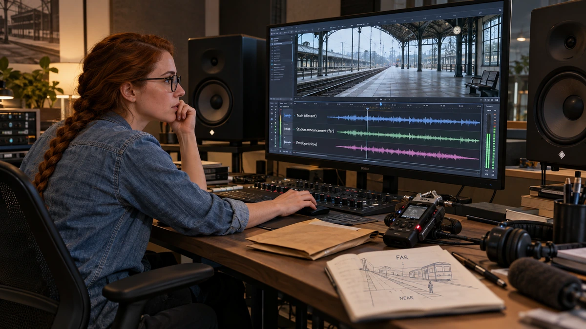 Une créatrice sonore travaille au casque devant son écran.