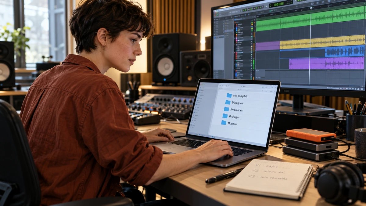 Une monteuse organise des dossiers et une session sonore.