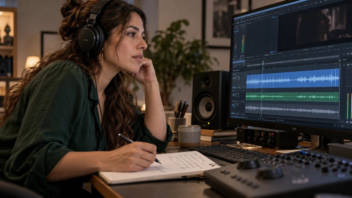 Une femme au casque prend des notes devant une session de mixage.