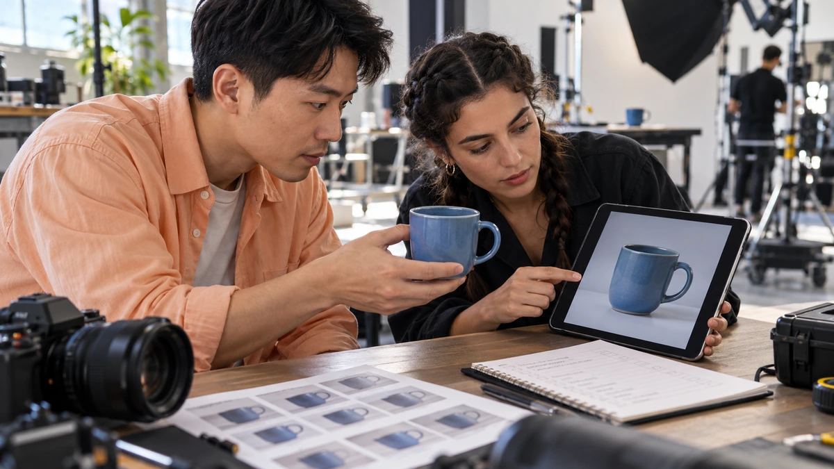 Deux personnes comparent une tasse réelle et sa représentation sur une tablette.
