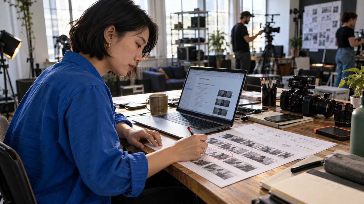 Une femme prépare un essai avec des photographies, un ordinateur et une feuille de travail.