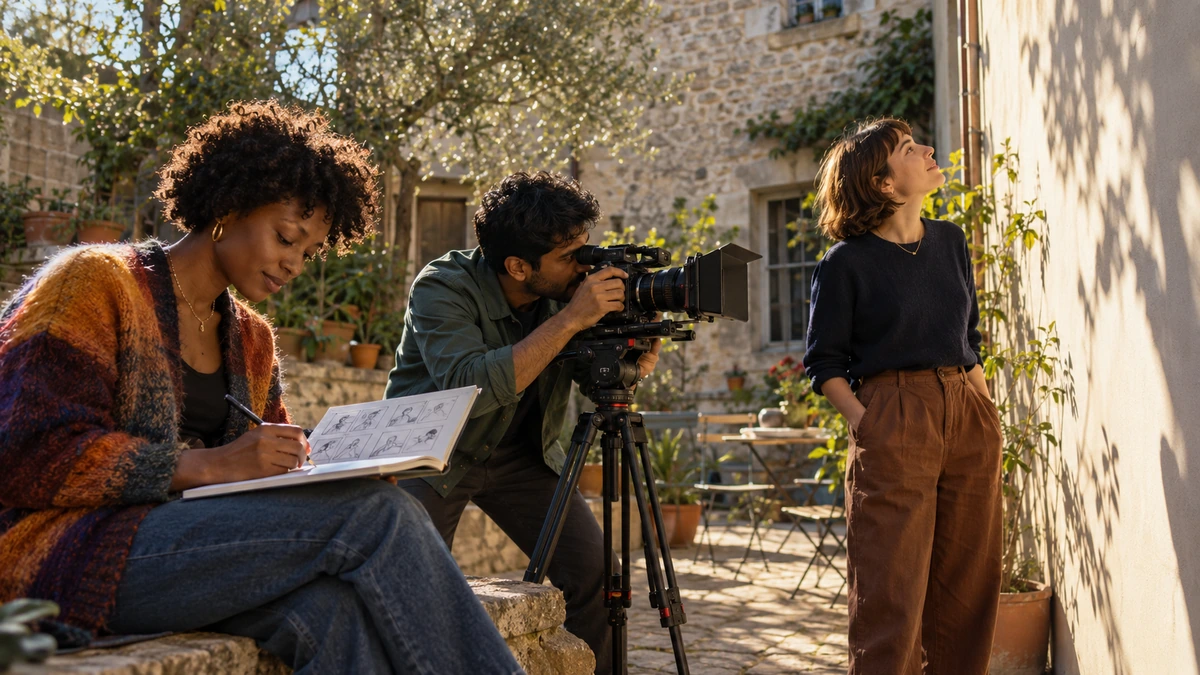 Une petite équipe prépare une prise de vue en extérieur avec carnet et caméra.