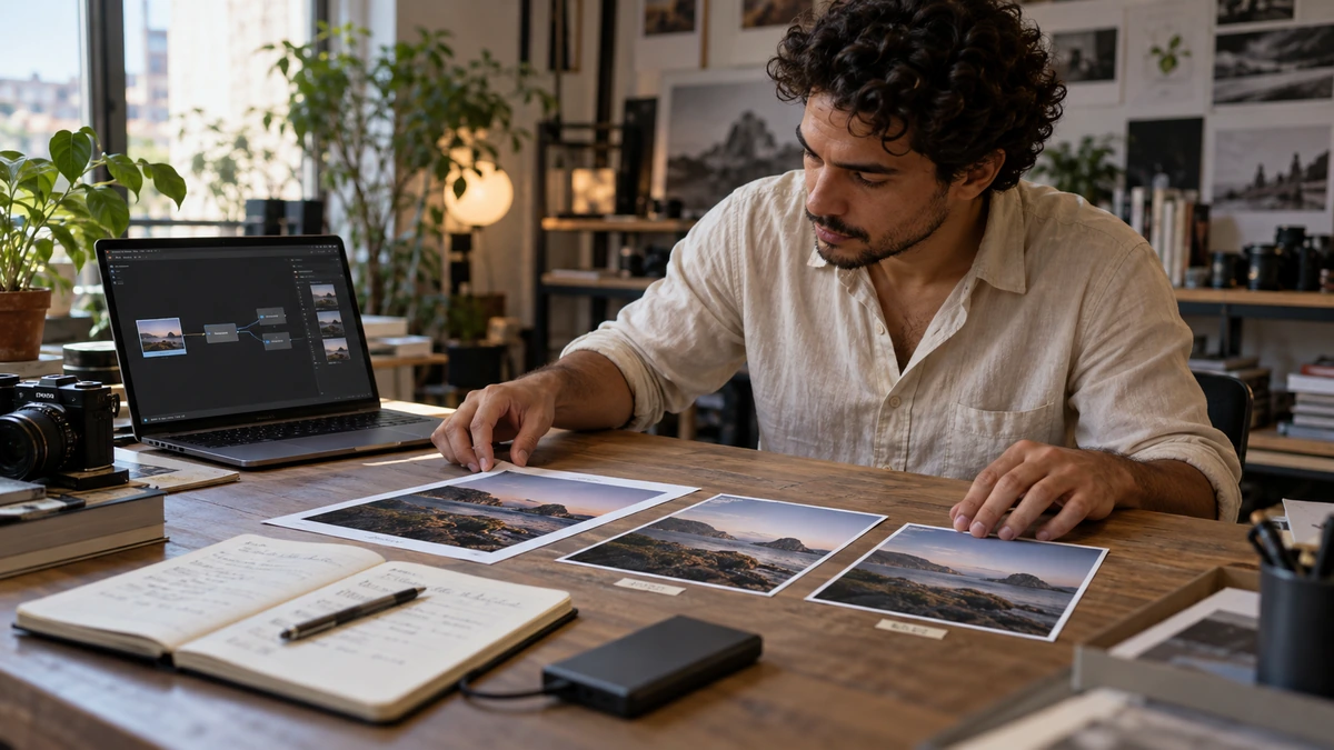 Un homme compare des photographies près d’un journal de travail et d’un ordinateur.