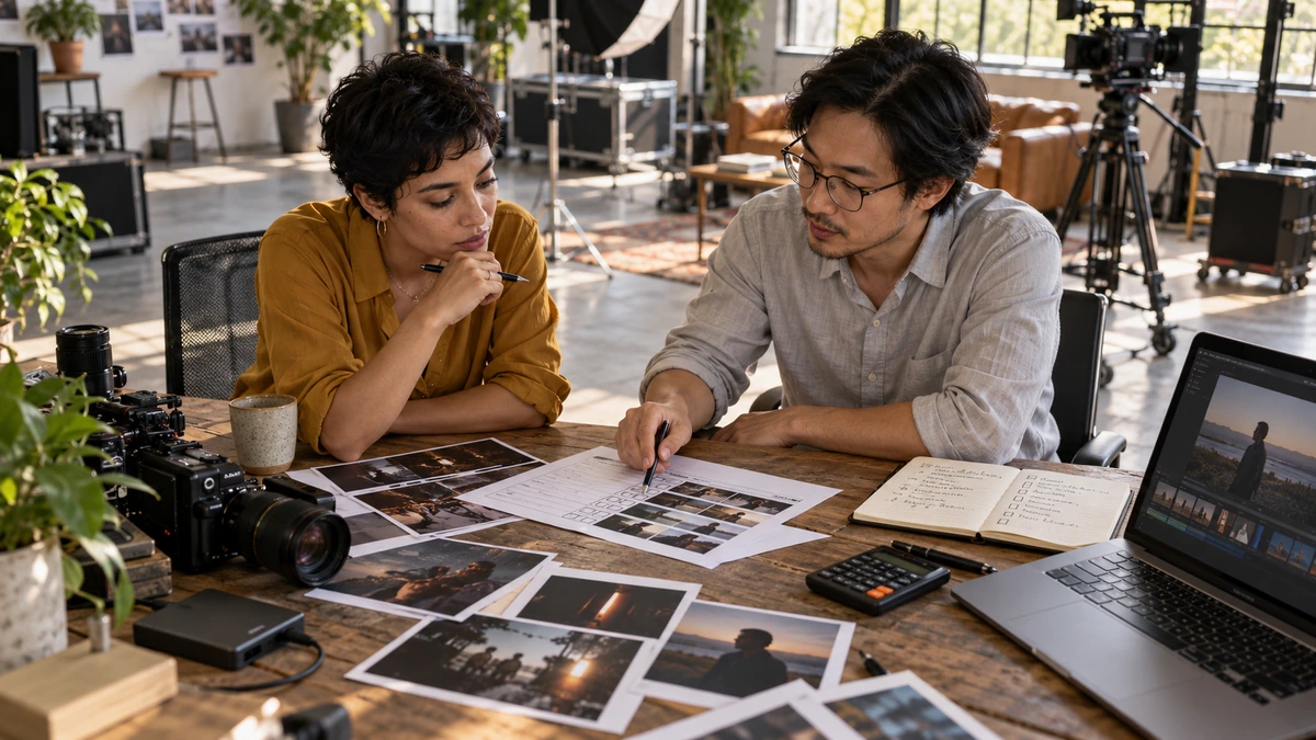 Deux personnes comparent des images et un carnet de travail dans un atelier.
