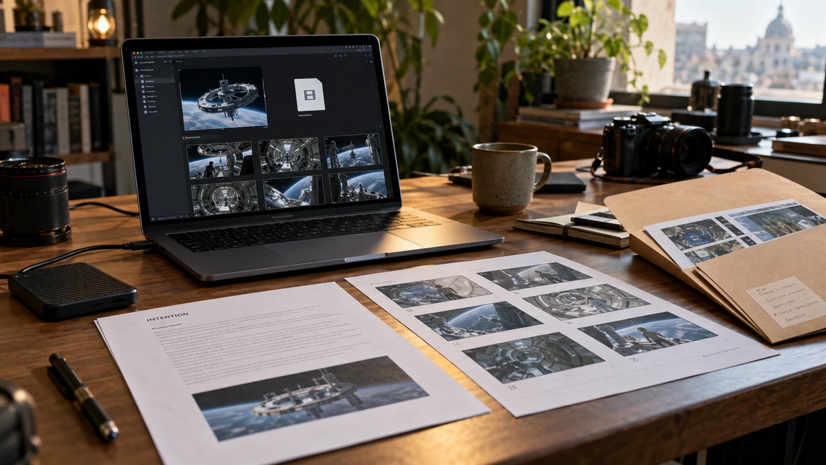 Un dossier de film réunit un ordinateur, des tirages et des documents de reprise.