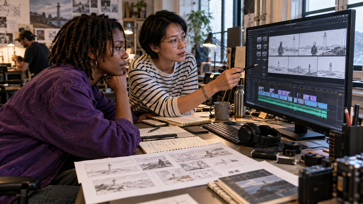 Deux créateurs regardent une animatique dessinée et ses pistes de montage.