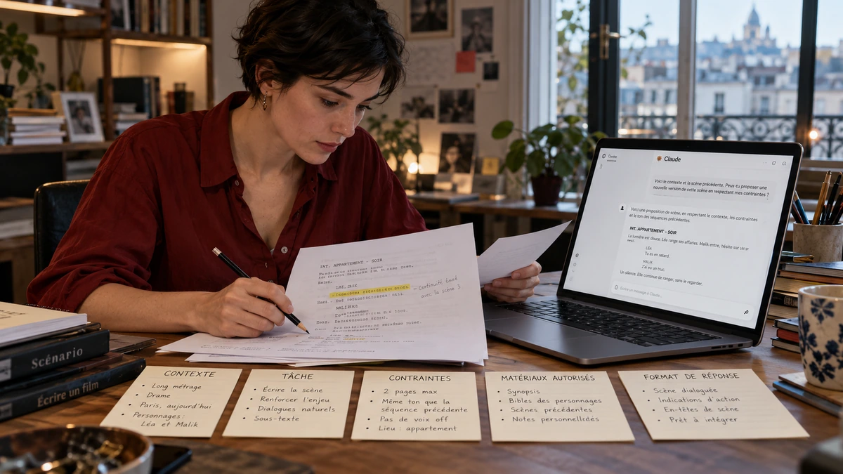 Une femme relit un texte imprimé près d’un ordinateur et de documents de cinéma.