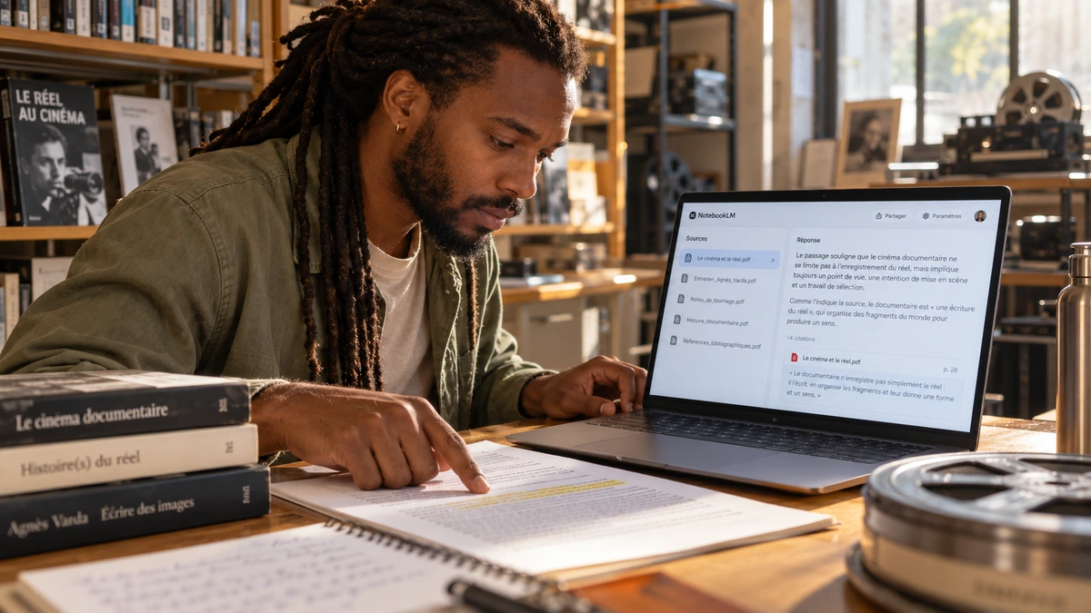 Une personne prend des notes en consultant des documents et un assistant sur son ordinateur.