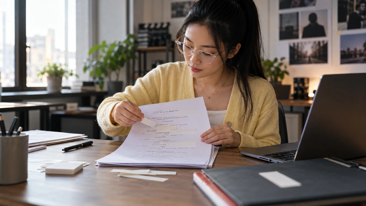 Une femme examine plusieurs feuilles de texte près d’un ordinateur.