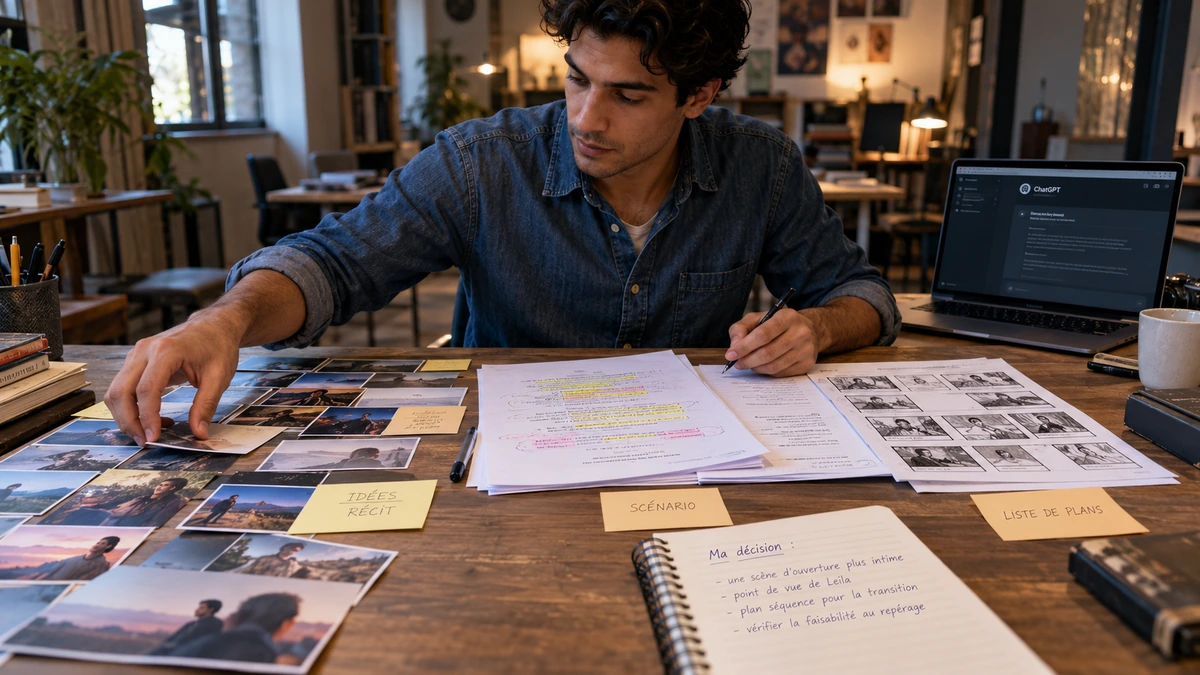 Un homme organise des photographies et des notes sur sa table de travail.