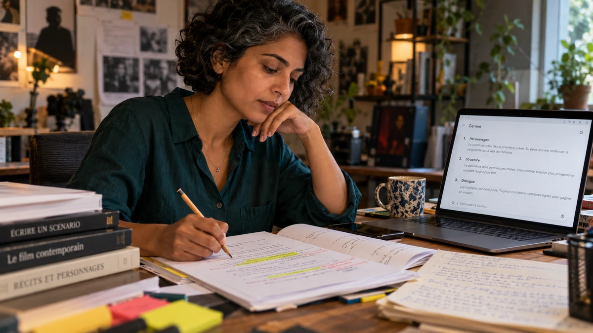 Une femme relit et annote un texte devant une interface de conversation.