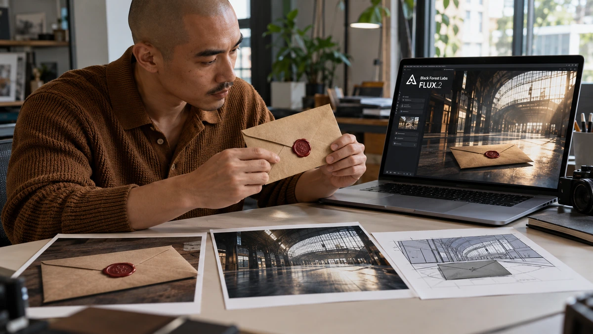Un créateur compare un objet, des plans et des images de décor.