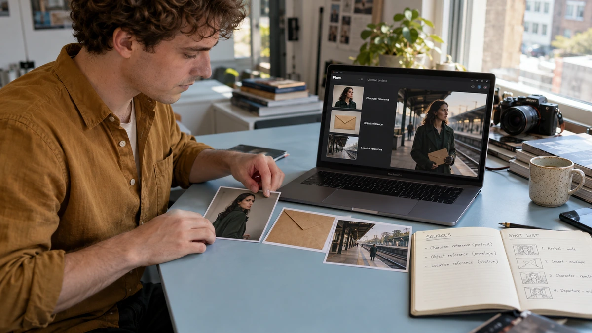 Un créateur compare des photographies et une fiche de projet sur sa table.