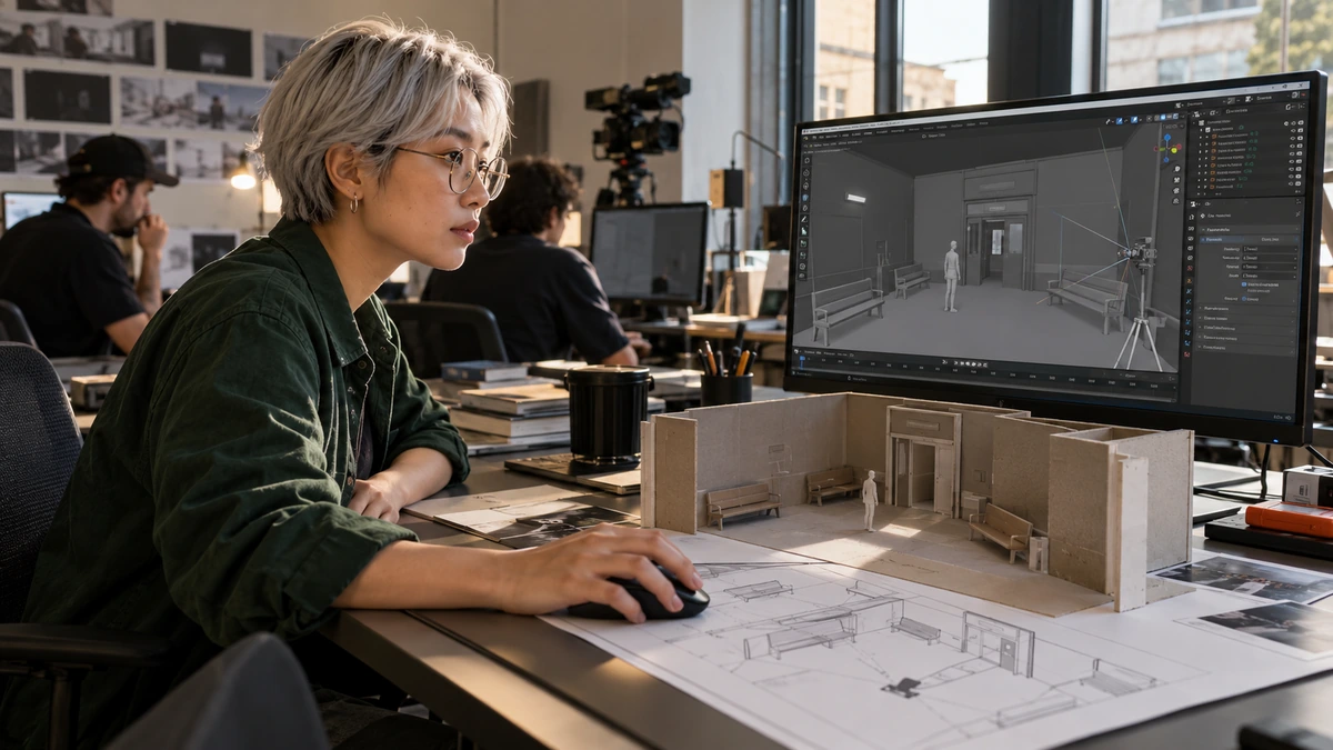 Une créatrice prépare une scène numérique en trois dimensions et une maquette.