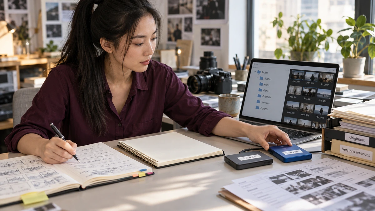 Une créatrice classe des documents près d’un ordinateur.
